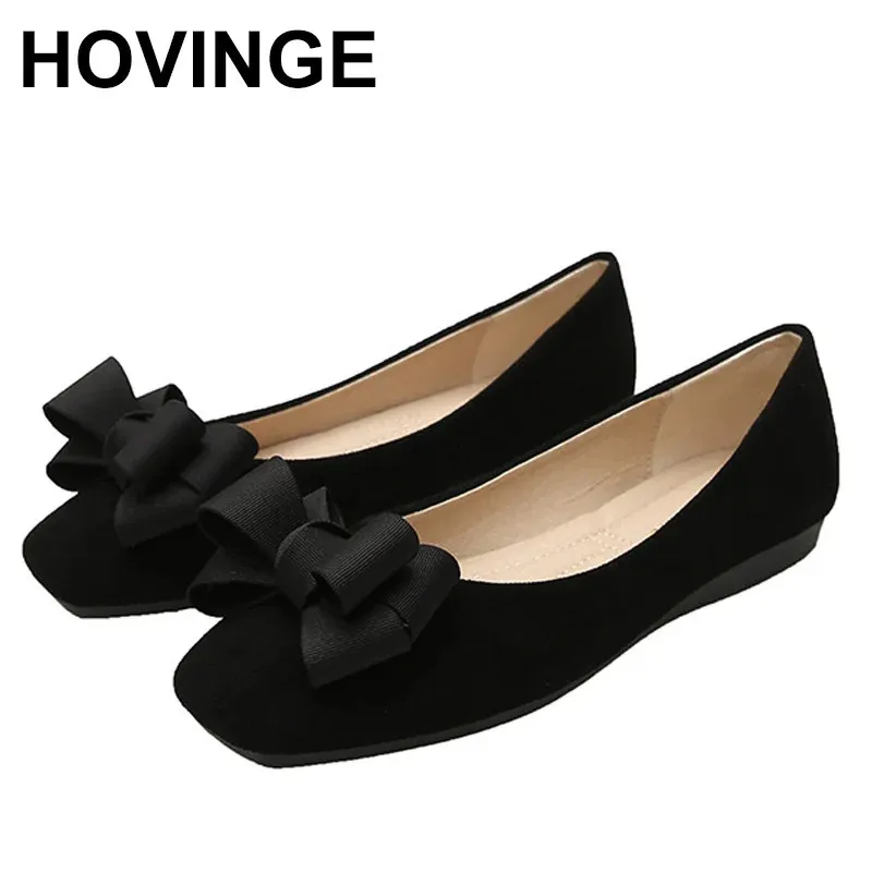 Hovinge Flat Fashion Butterflyknot Square Toe Party Leather Ballerinas Plus Maat 33 43 Sallow Ladies Flats 240329