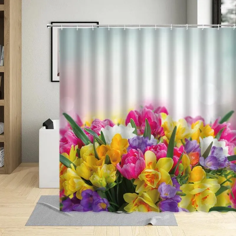 Rideaux de douche Printemps Fleurs colorées Rideau Plante Tulipe Papillon Motif Écrans de salle de bain imperméable avec crochet polyester lavable