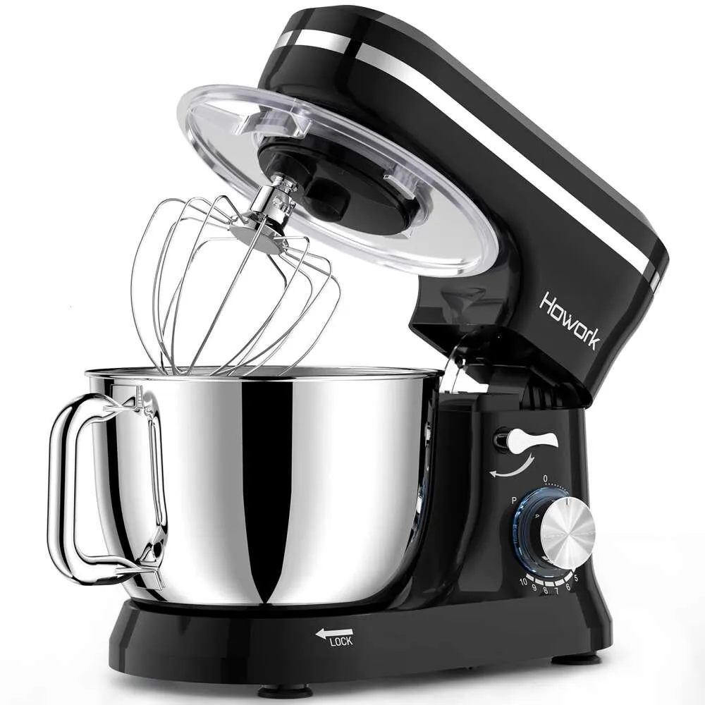 Howork Electric Vertical Mixer, 10+p Speed, with 6.5 Quart Stainless Bowl, Dough Hook, Steel Wire Beater, Suitable for Most Home Cooking, Black