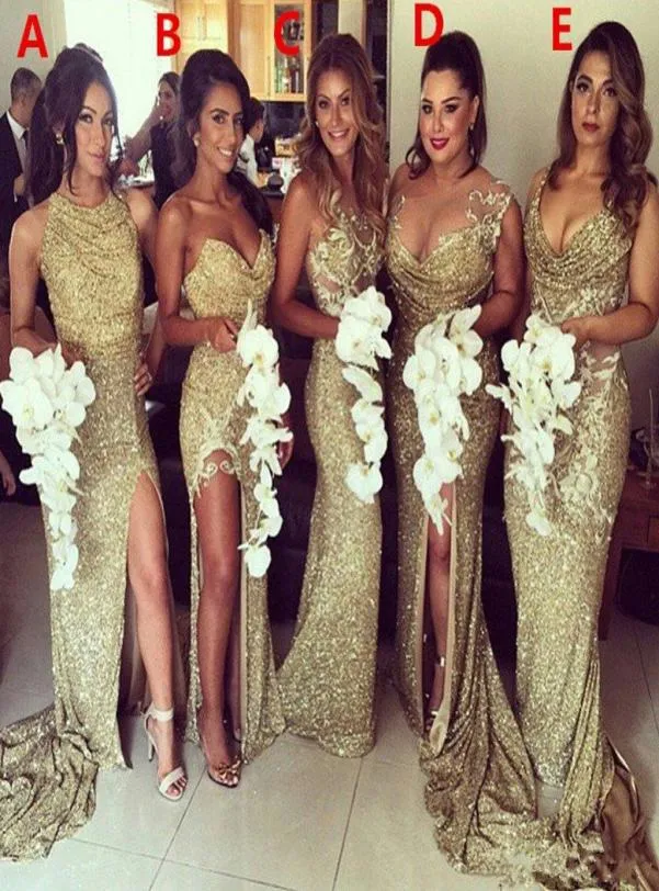 Sparkly Bling Gold Sequined Mermaid Bridesmaid Dresses Backless Slit Plus Size Maid Of The Honor Gowns Wedding Dress3295971