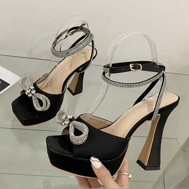 Dress Shoes Fashion Runway Rhinestone Ankle Strap High Heels Women Sandals Crystal Bowknot Open Toe Platform Chunky Party Prom Shoes H240401