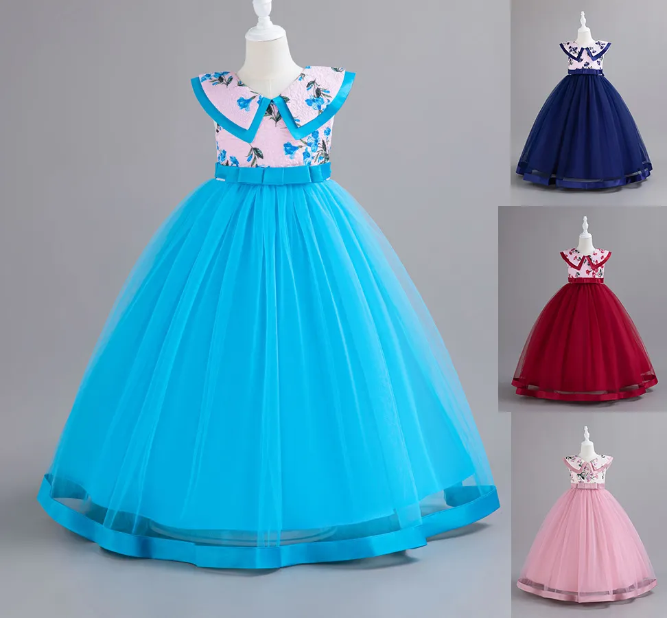 Adorável turquesa rosa vinho azul real com decote em V Vestidos de festa/aniversário de meninas Vestidos de desfile de meninas Vestidos de flores para meninas Saias do dia a dia para crianças SZ 2-10 D401133