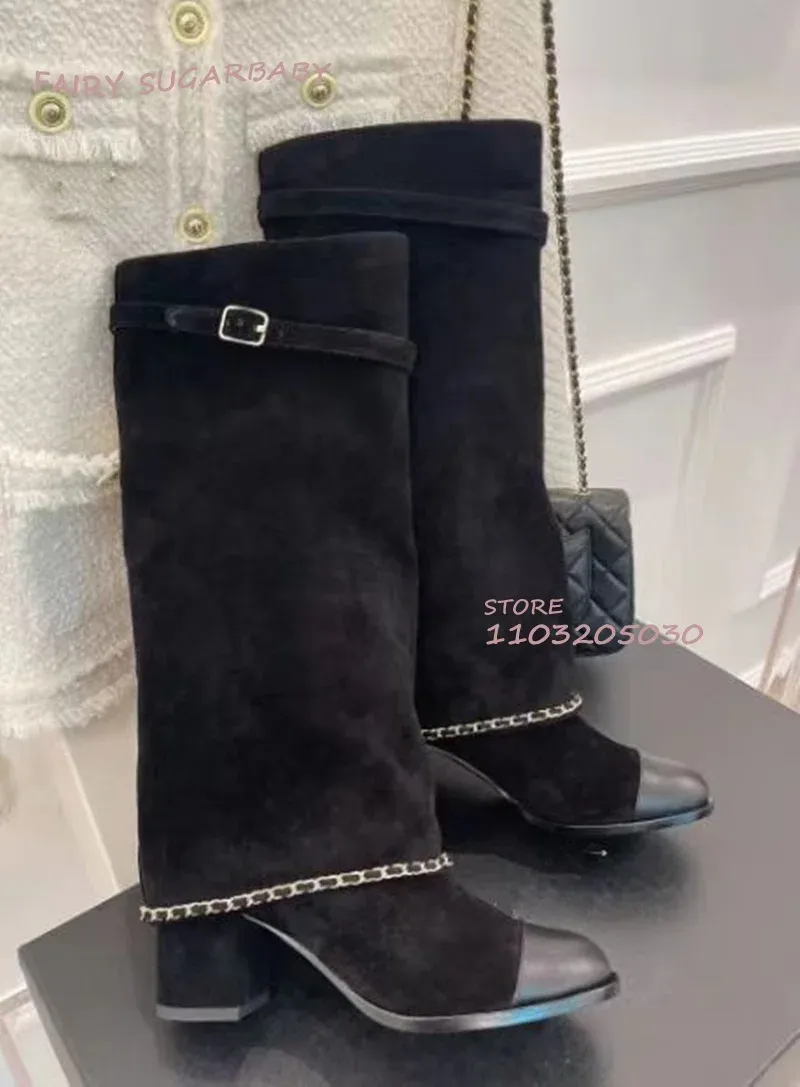 Boots Black Suede Straight Knee Boots Casual Women Metal Chain Pleat Light Brown Round Leather Booties Calf Belt Shoes Spring