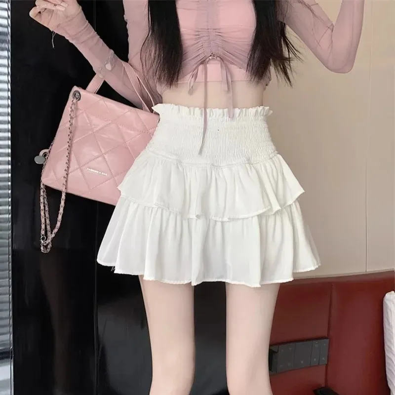 Feste Rüschen Mini Rock Frauen Sommer Koreanische Mode Hohe Taille Elastische Patchwork Teen Mädchen Kawaii Schicht Röcke Nette Kleidung 240401