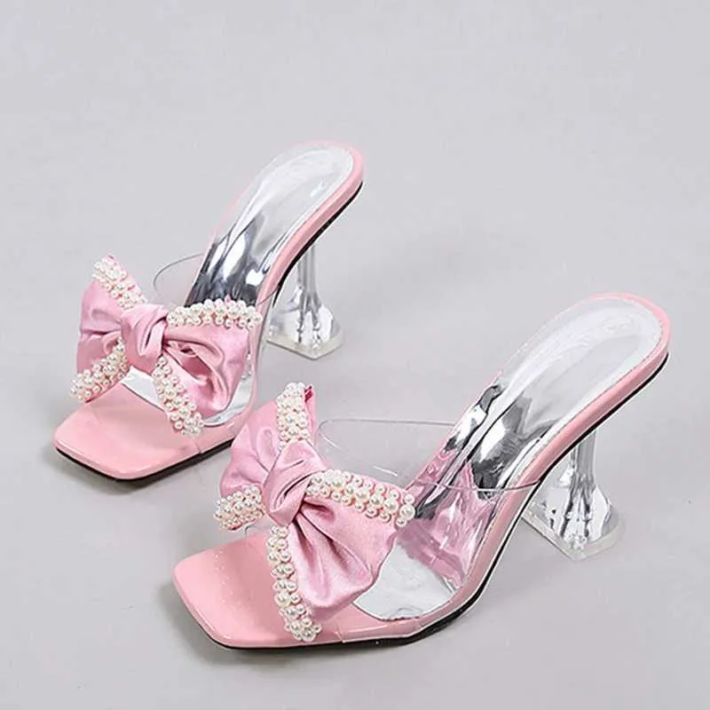 Dress Shoes 2024 New Style Women Slippers Sandals Fashion Pearl Bowknot High Heels PVC Transparent Shoes Summer le Slides Pumps H240401