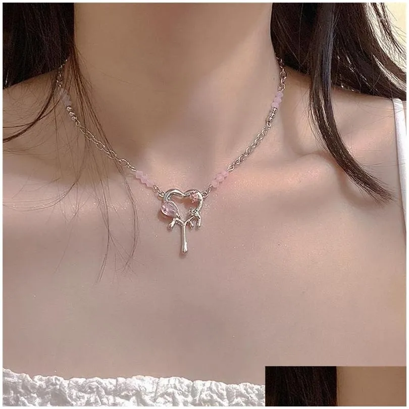 Choker 2023 Kpop Goth Y2K Pink Heart Pendant Clavicle Chain Necklace For Women Egirl Grunge Collares Aesthetic EMO Jewelry Accessories