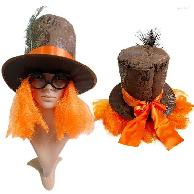 Articoli per feste Maschera da ballo di Halloween Copricapo Piuma di pavone Parrucca arancione Cappello da mago