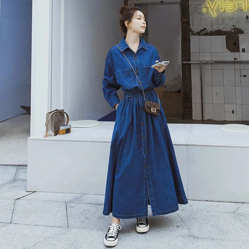 Long Sleeve Denim Dres Spring Summer Fashion Korean Style Maxi AnkleLength Jeans Ladies Clothes Luxury Outwear 240322