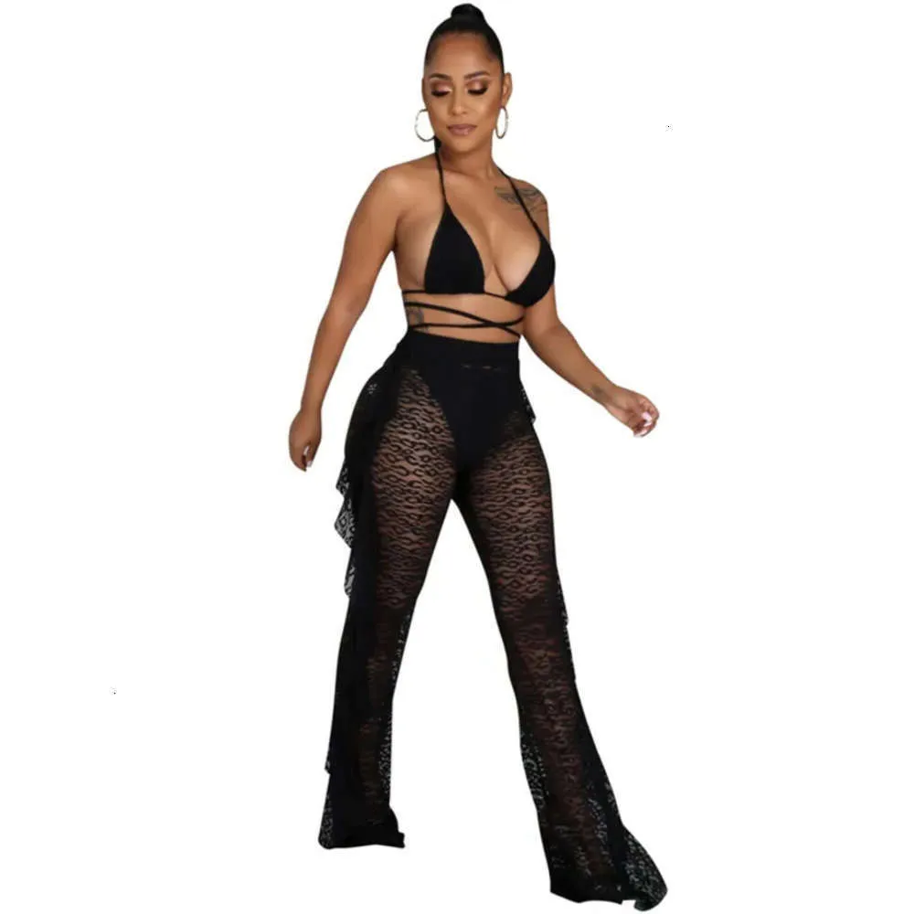 3 pièces sexy ensemble de bikini à volants en maille transparente pantalons longs bandage femmes maillot de bain triangle maillot de bain dos nu string maillots de bain pour femmes été solide noir