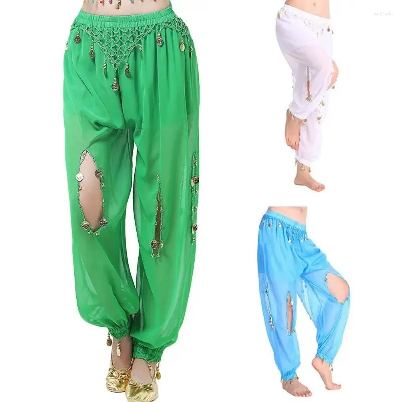 Usure de scène 1pcs pantalon de danse de ventre Femmes en mousseline de mousseline Bloores brillantes pantalons pantalons tassels montrent des costumes