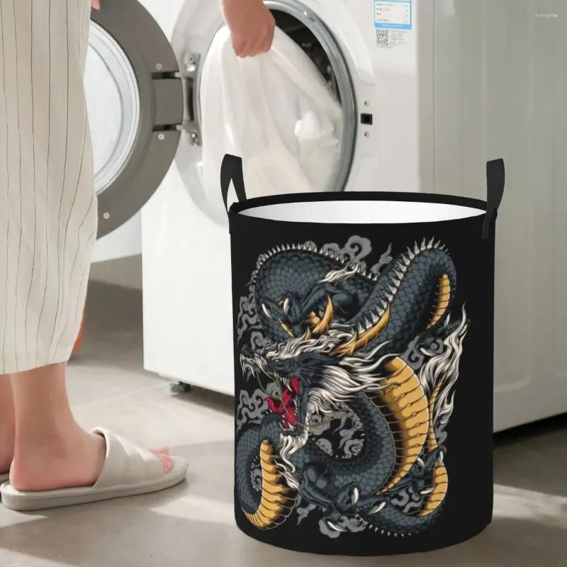 Laundry Bags Watatsumi No Kami Dragon Circular Hamper Storage Basket Waterproof Great For Kitchens Toys