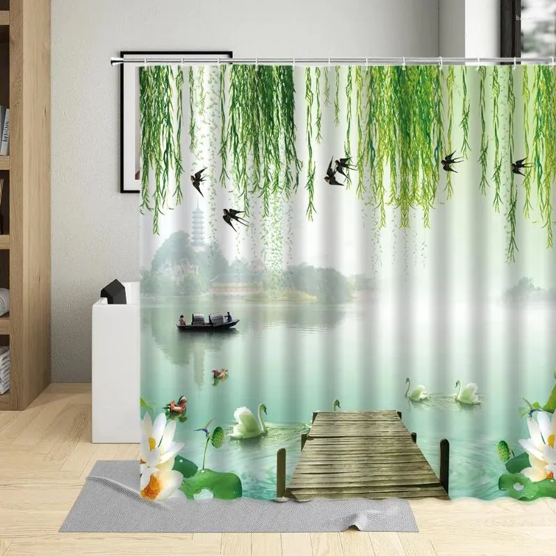 Douchegordijnen Natuurlijk Landschap Zwaan Koi Gordijn Groene Boom Plant Meer Rivier Landschap Bad Decor Polyester Doek Set Met Haken