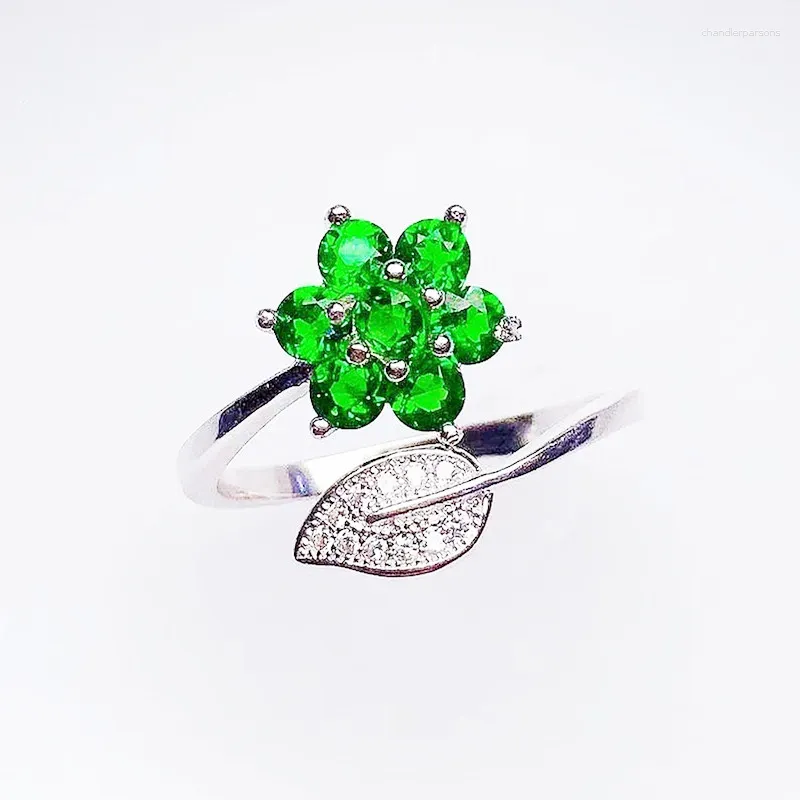 Bagues de cluster Naturel véritable vert Diopside Bague réglable Style de fleur 925 Sterling Silver 3 3mm 0.15ct 7pcs Gemstone Fine Bijoux X242293