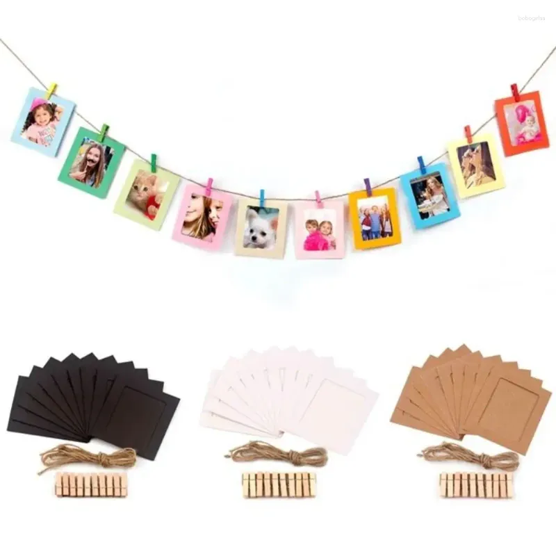 Cadres 10pcs DIY Craft Paper Po Cadre avec clips et corde Tenture murale Photo Décor à la maison Mariage Joyeux anniversaire