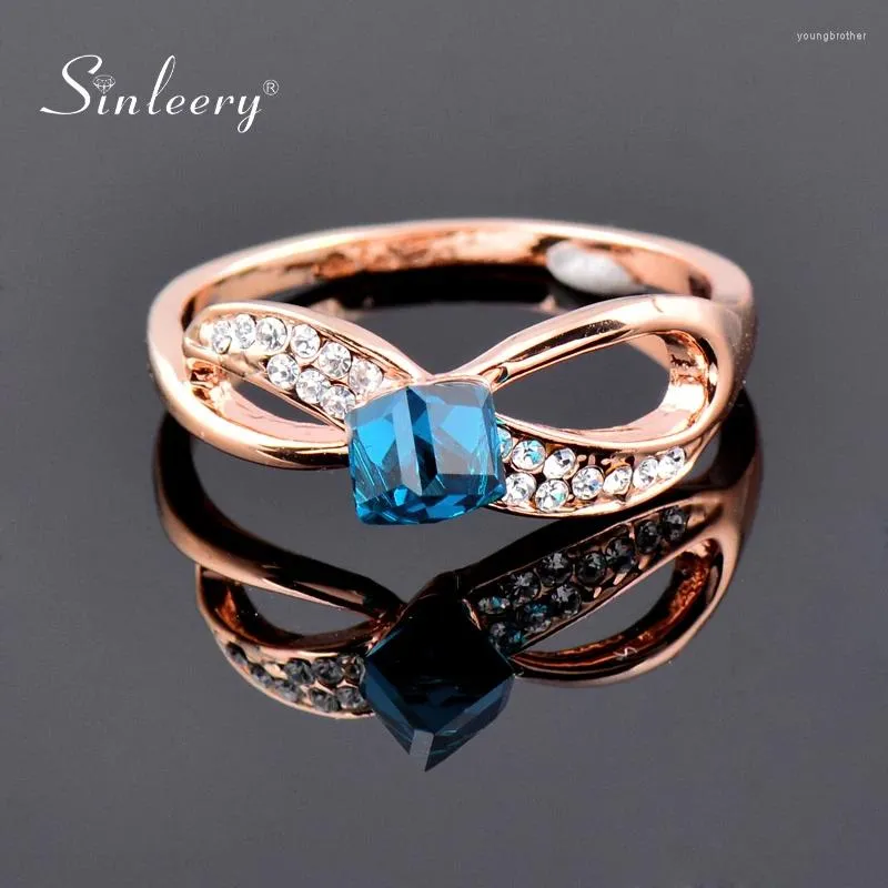 Pierścienie klastra Sinleery Luksusowy niebieski kostka kryształowy łuk Rose złoto Kolor Infinity puste zaręczyny biżuteria dla kobiet