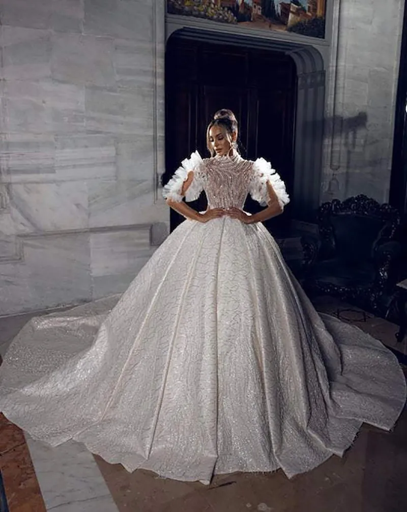 Designer Ball Gown Wedding Dresses Sequins Ruched Designer Lace High-Neck Beads Sweep Train Backless Custom Made Bridal Plus Size Vestidos De Novia