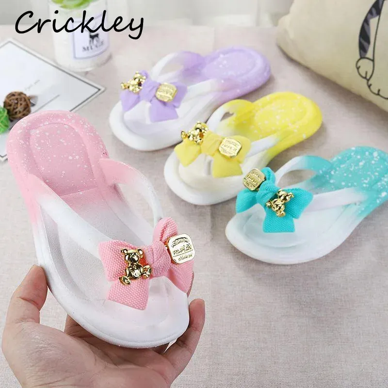 Gradient Color Childrens Slippers Summer Bear Bow PVC Outdoor Kids Flip Flops Waterproof Anti Slip Girls Beach Shoes 240323