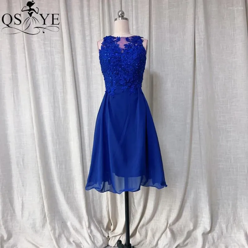 Party Dresses Royal Blue Short A Line Prom Chiffon Halter Neck Sleeveless Bead Lace Appliques Evening Gown Knee Length Girl