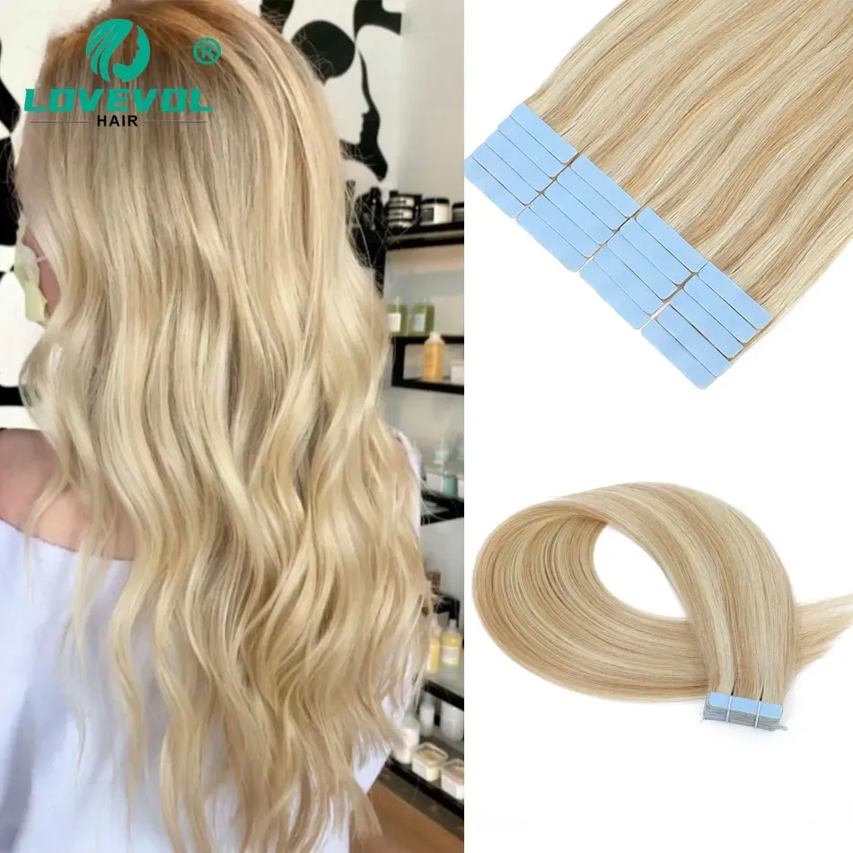 Extensiones Lovevol Cinta rubia en extensiones de cabello Cabello humano Cinta adhesiva sin costuras Ins Cabello Remy Trama de piel invisible recta 40 piezas