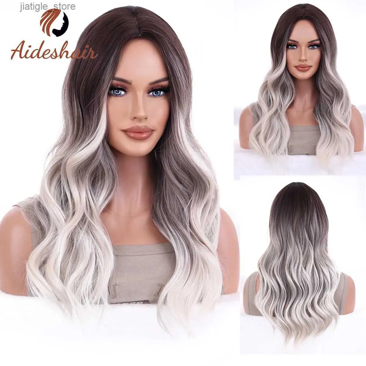 Synthetic Wigs Aideshair Ombre Blonde Layered Wigs with Curtain Bangs for Black Women Long Straight Synthetic Wigs Heat Resisatnt Hair Y240401