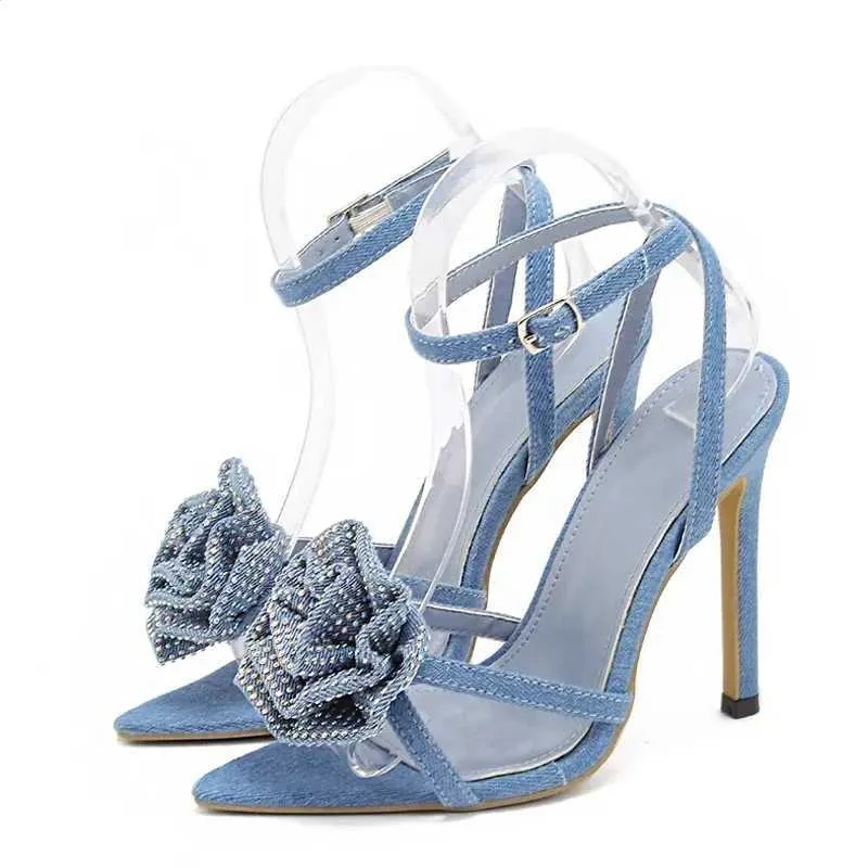 Kleid Schuhe Sommer Mode Kristall Blume Damen 11,5 cm Dünne High Heels Gladiator Sandalen Sexy Zehen Hochzeit Bankett Schuhe Blau H240401UY5N