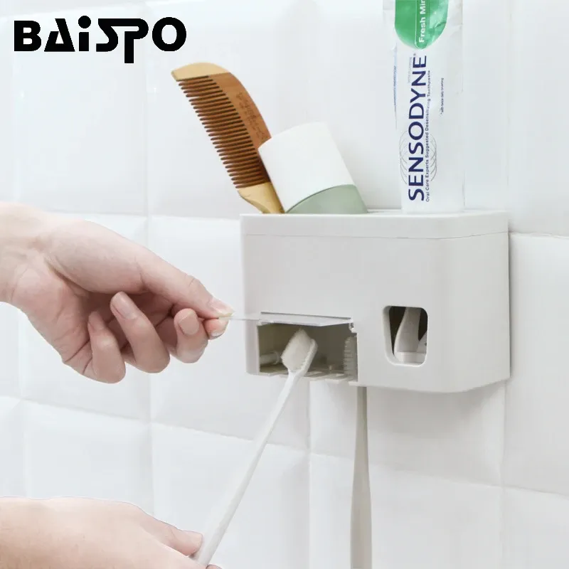 Tandborste Baispo 1 Set Tandborstehållare Automatisk tandkräm Dispenser Tandborste Väggmontering Stativ Tandkräm Hållare Badrumsverktyg
