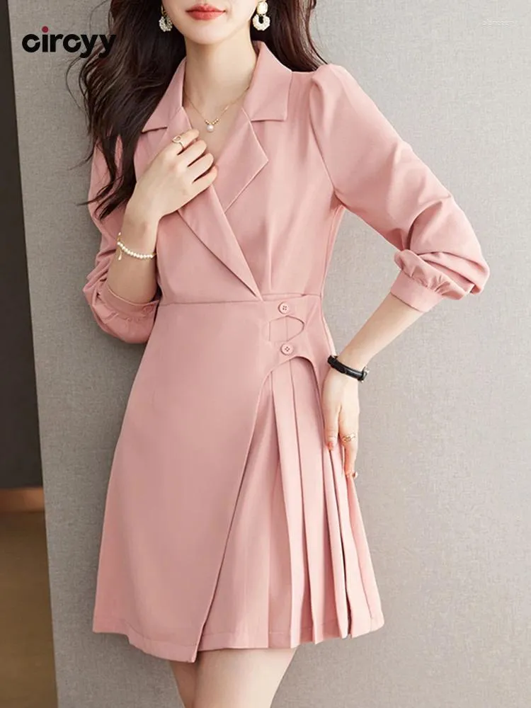 Casual Dresses Circyy Mini Dress for Women Classic Solid Korean Designer Fashion Suit Collar Slim Over Knee