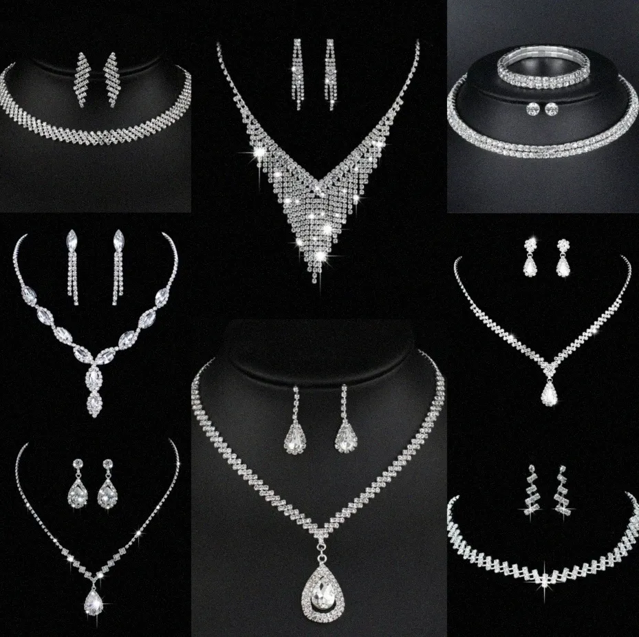 Wertvolles Labordiamant-Schmuckset Sterlingsilber-Hochzeits-Halsketten-Ohrringe für Frauen-Braut-Verlobungs-Schmuck-Geschenk i3mF #