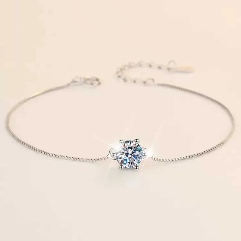 Chain LESF Womens Bracelet 1 Mosan Diamond 925 Sterling Silver Round Bracelet White Gemstone Wedding Jewelry Q240401