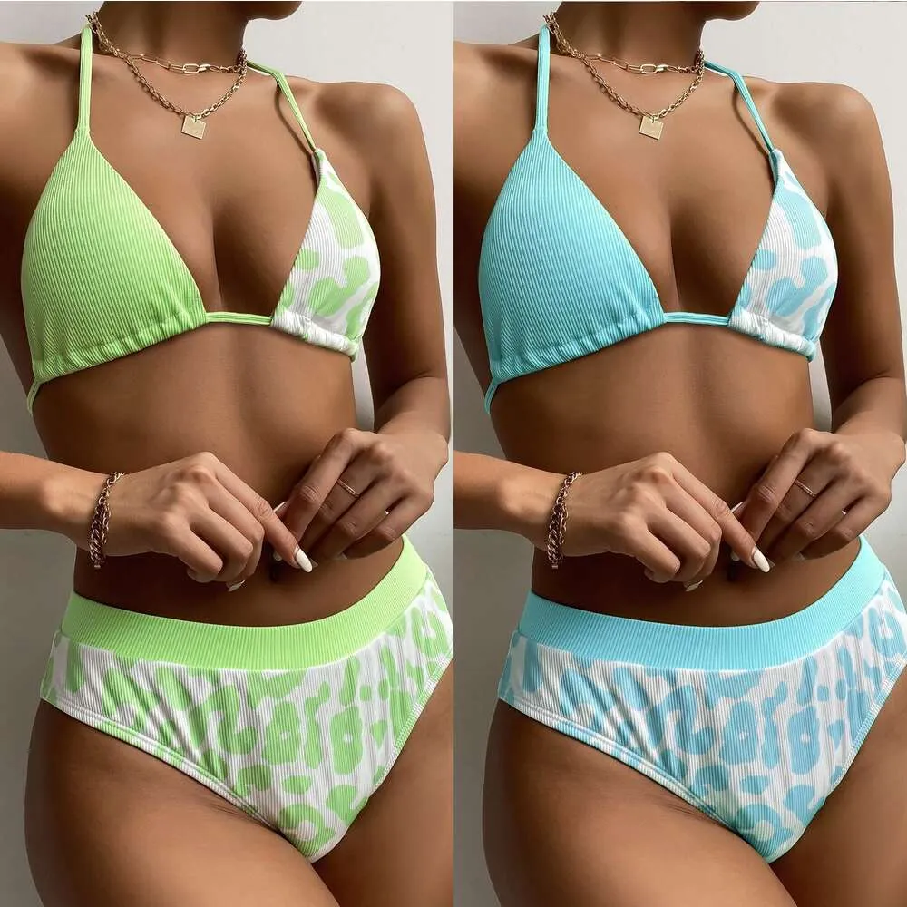 2021 Yisiman new swimsuit female leopard print digital pit strip split Swimsuit Bikini