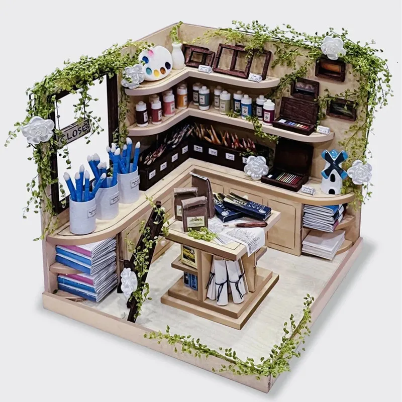 DIY Wooden Pigment Shop Casa Doll Houses Miniature Building Kits Dollhouse With Furniture Villa for Girls Birthday Gifts 240321