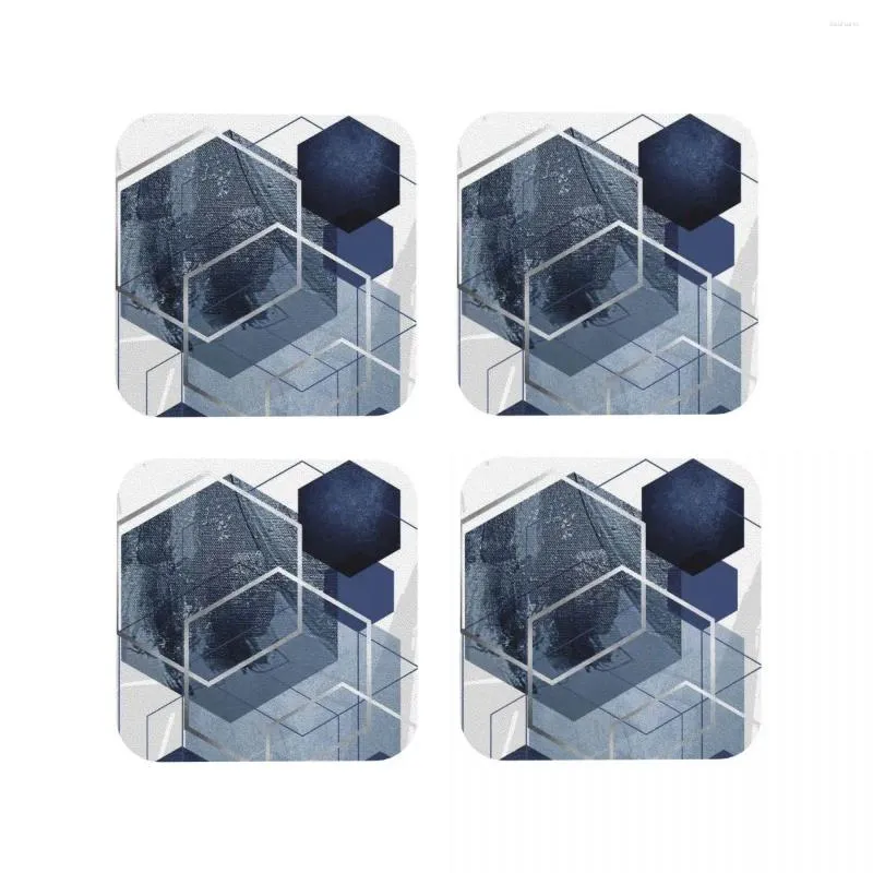 Tapetes de mesa azul e cinza geo coasters pvc couro placemats antiderrapante isolamento café para decoração casa cozinha jantar almofadas conjunto de 4