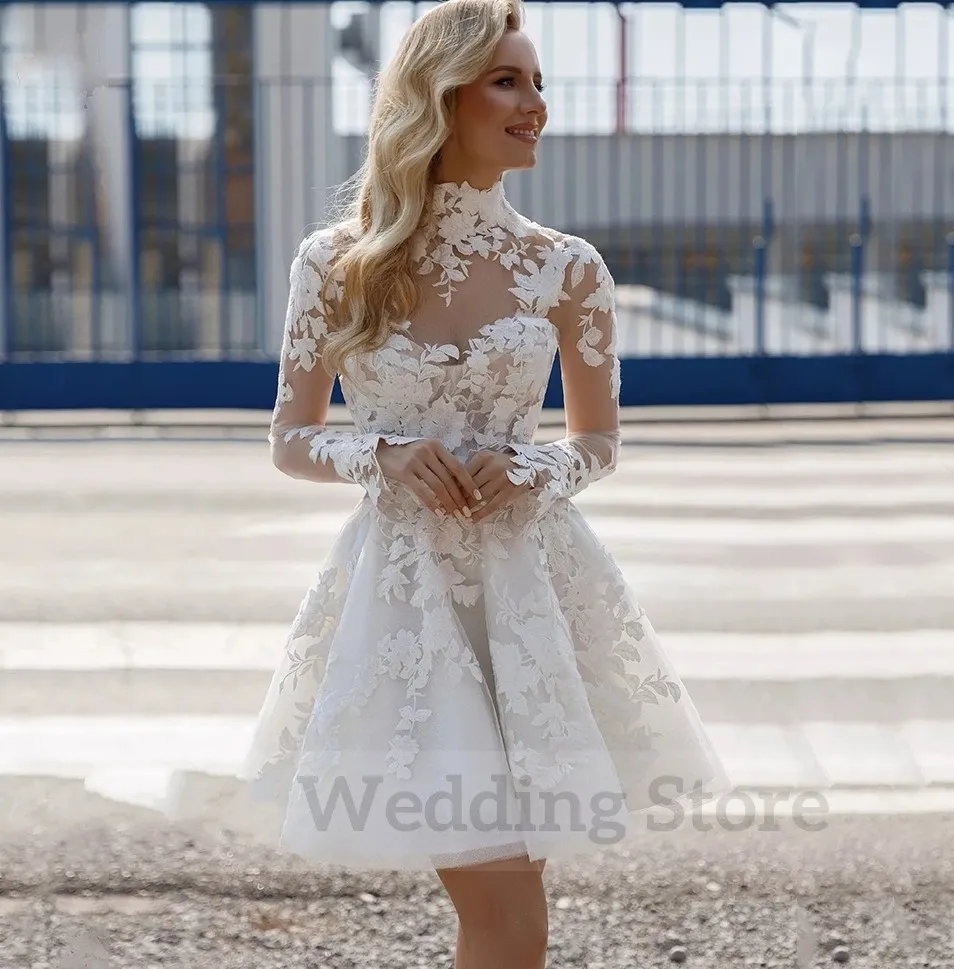 Urocza krótka suknia ślubna Illusion Lace Applique High Secon Długie rękawy A-line cywilne sukienki ślubne o długości kolana A Vestido de novias