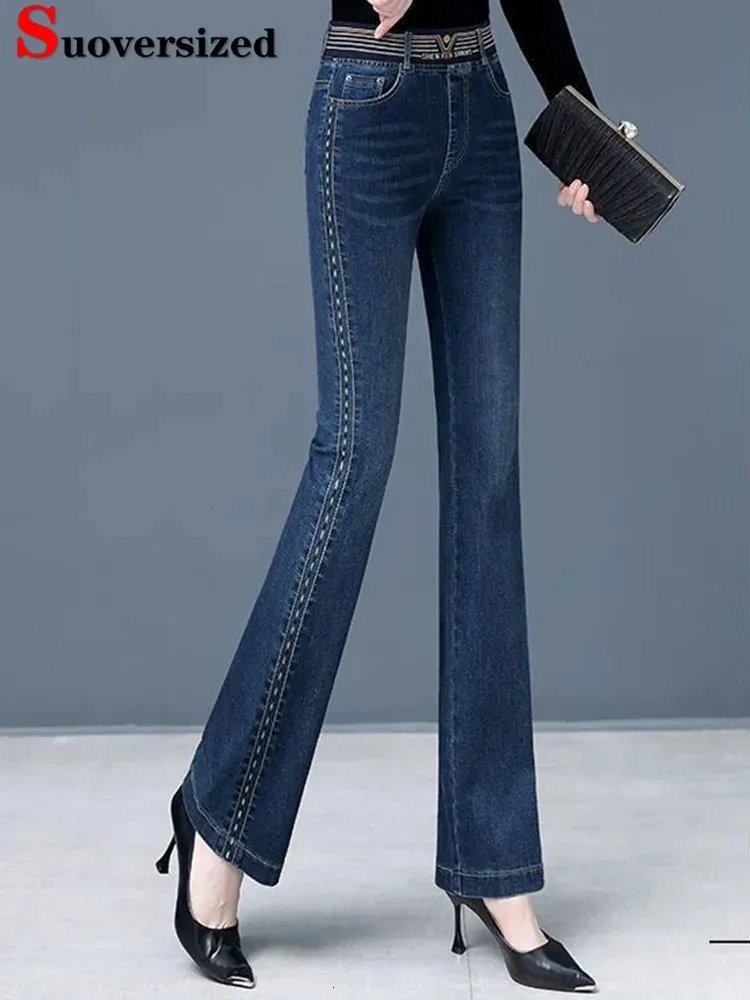 Side Stripe Hight Waist Skinny Flare Jeans Woman Korean Stretch Denim Pants Big Size 4xl Streetwear Ankle Length Kot Pantolon 240318