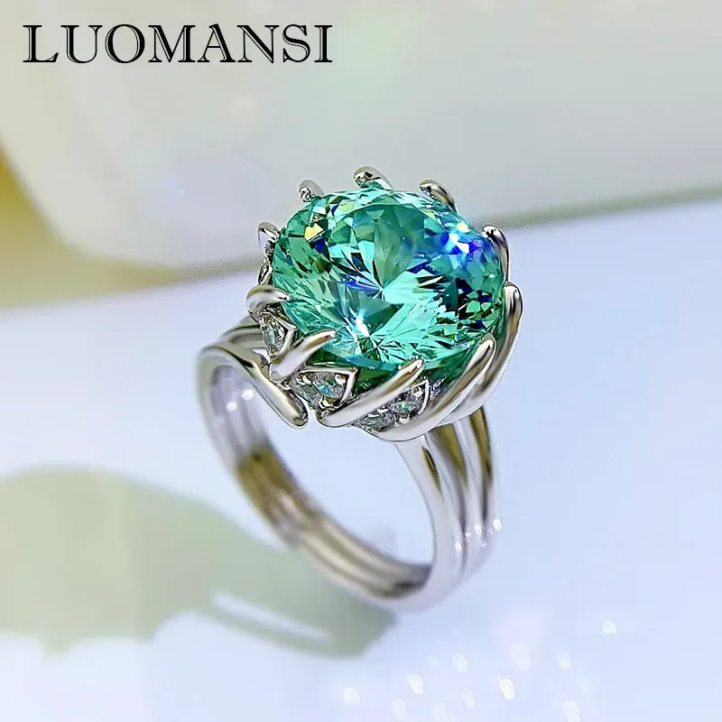 Ringar Luomansi Ny 10mm Lotus Green Diamond Woman Ring S925 Silver Jewelry Wedding Party Commemorative Gift