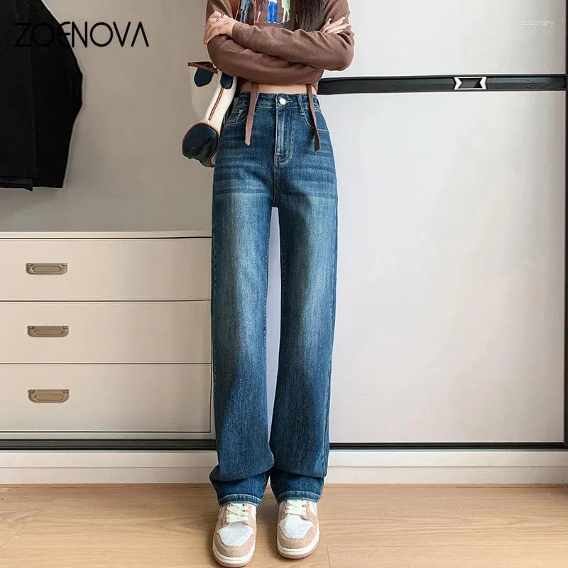 Jeans Femme Zoenova Automne Marque Vêtements Jambe droite Femmes 2024 Mode féminine Pantalon bleu coréen Y2K Taille haute Vintage Strech Denim