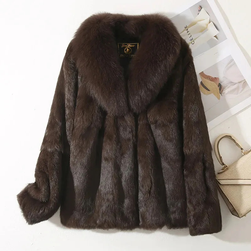Real Rabbit Fur Coat With Fox Collar Jacket: Elegant Full  display picture 3