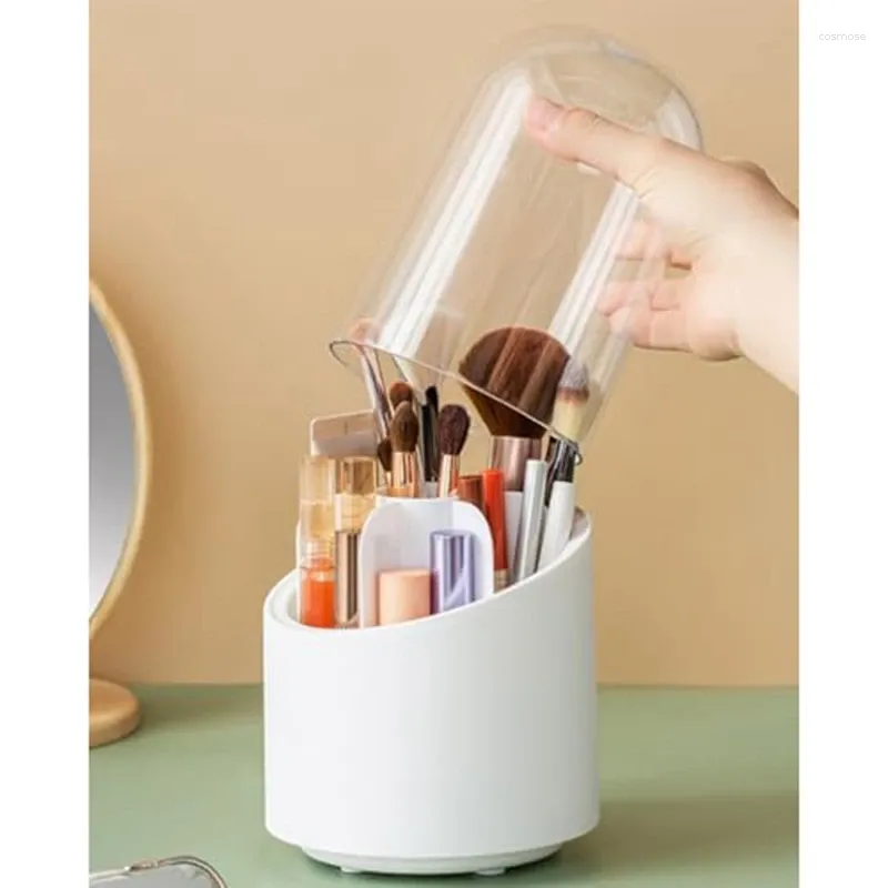 Förvaringslådor Makeup Brush Holder Organizer med lock roterande dammtät smink borstar container akryl täckning lättanvänd