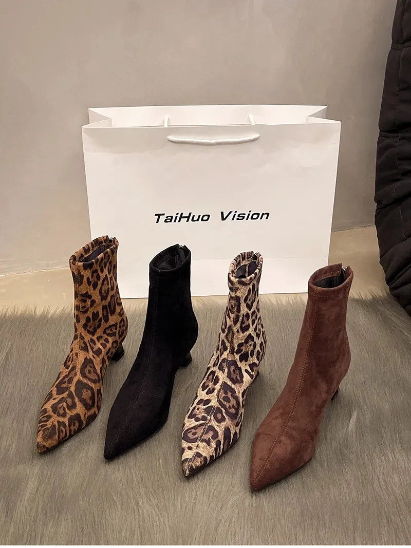 Leopard Print Ankle Boots For Women Fashion Pointed Toe Short Booties_voghion.com
