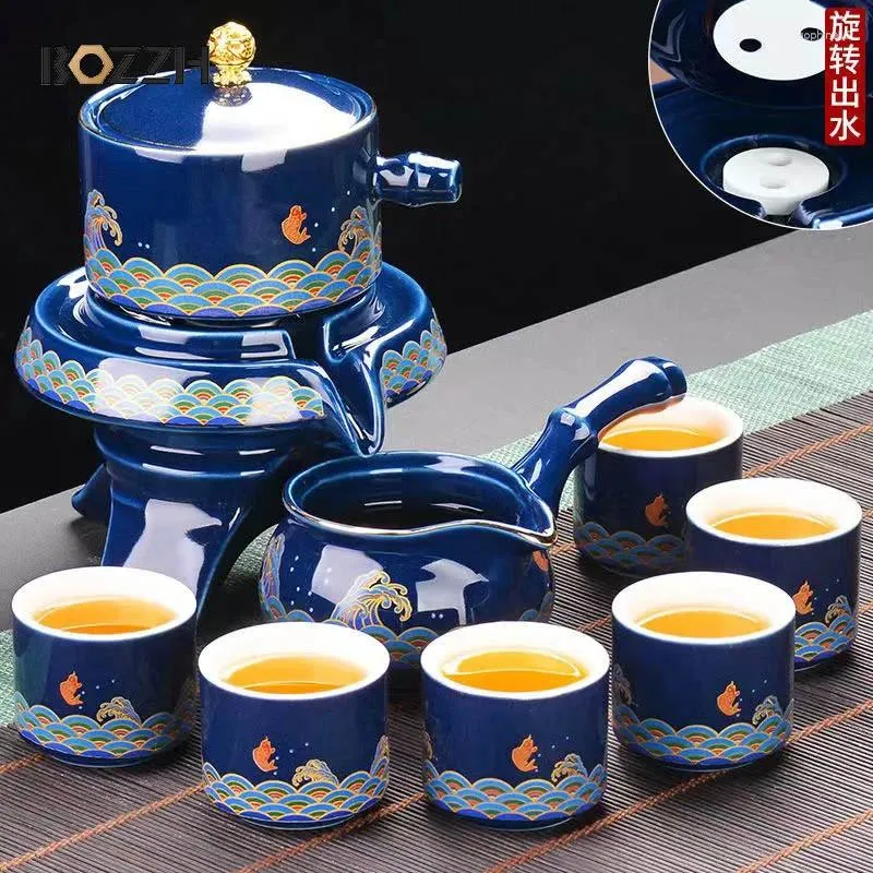Ensembles de thé BOZZH 8 pièces thé de voyage en céramique dérivation automatique de l'eau aspiration rotative théière en porcelaine Gaiwan ensemble en porcelaine