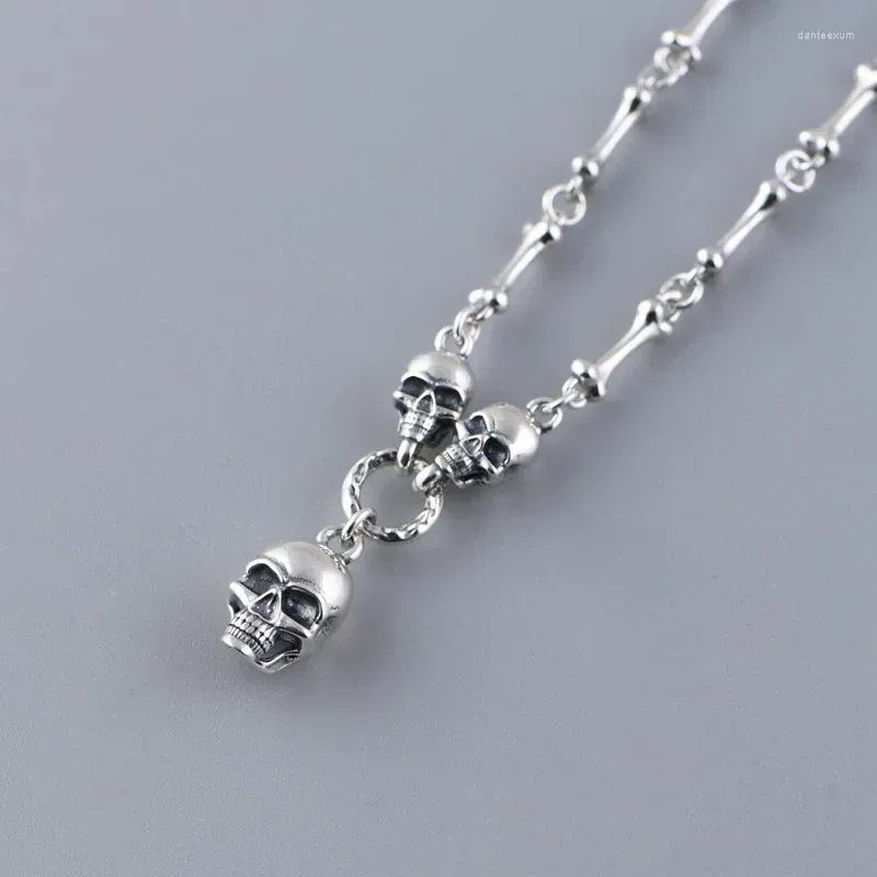 Pendants Real S925 Silver Jewelry Retro Creative Design Trendy Punk Skull Stick Bone Necklace For Woman