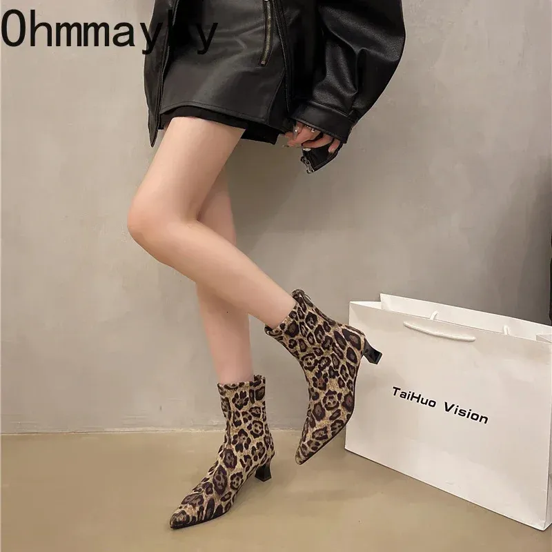 er Leopard Print Women Ankle Boots Fashion Pointed Toe Short Booties Concise Thick Heels Botas De Mujer 241031_voghion.com