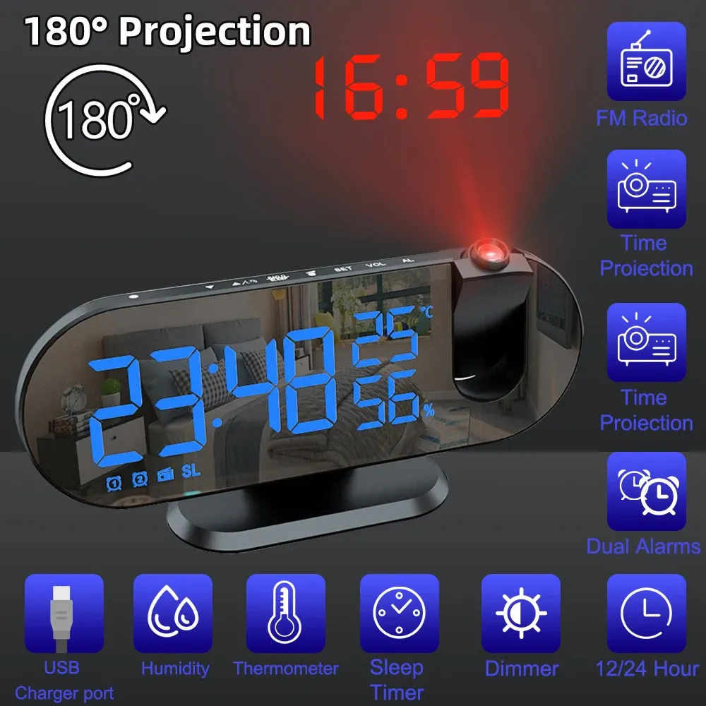 Radio LED Digitale projectie Alarmklok Elektronische wekker met 180 ° PROJECTION TIJD PROJECTOR FM RADIO SLAAPKAMER Bedmuteklok
