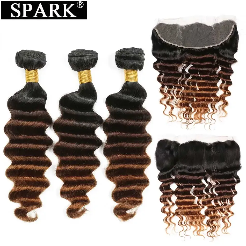 Closure Spark Human Brazilian Hair Bundles With Frontal Ombre Loose Deep Wave Ear To Ear 13x4 Lace Frontal With 3/4 Bundles 1B/4/30 Remy
