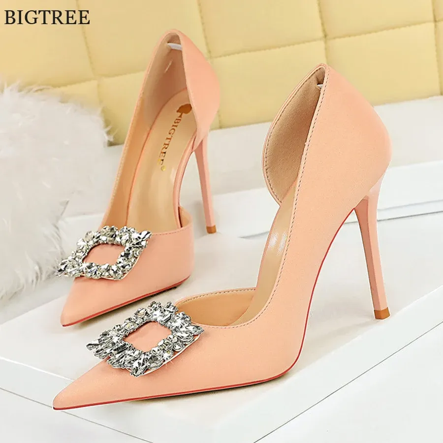 Shallow 128 Rhinestone Women Fashion Pumps Pink Blue Silk Pointed Toe High Heels 2024 New Ladies Sexy Side Hollow Shoes Party 28901