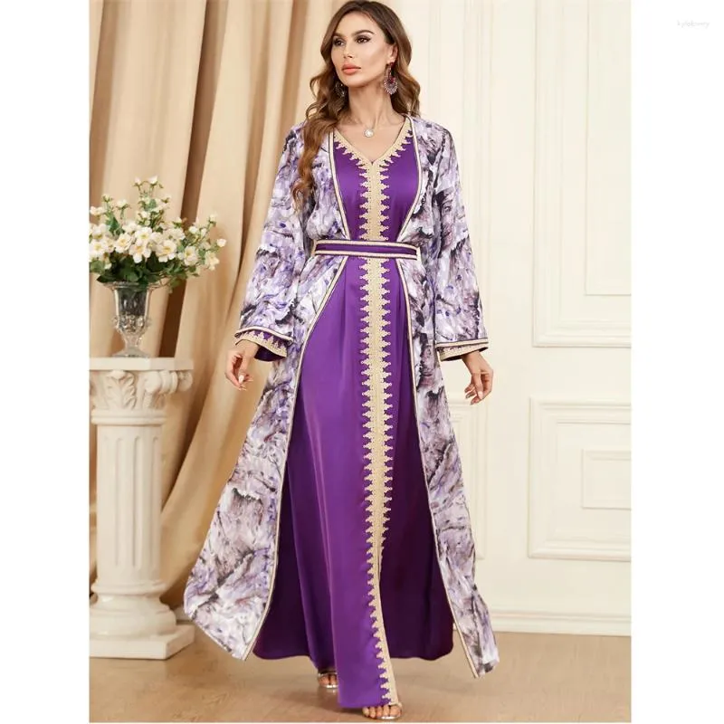 Ethnic Clothing 2 Piece Abaya Muslim Print Kimono Inner Dress Set Elegant Women Kaftan Turkey Arabic Islamic Eid Party Evening Morocco