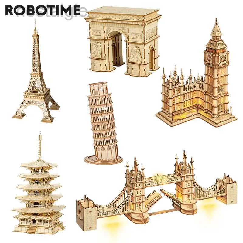 Blocchi Robotime 3D Puzzle di legno Gioco Big Ben Tower Bridge Pagoda Modello di edificio Giocattoli per bambini Regalo di compleanno per bambini 240401