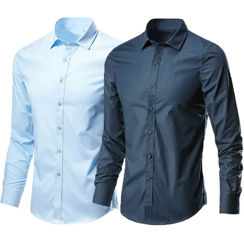 Hela säsongen Fashion Mens Business Dress Slim Fit Working Shirt AntiWrinkle Solid Long Sleeve Social Formal Shirts For Men 240329