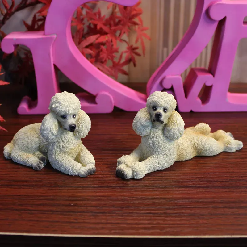 2PCS Poodle Dog Statue Sculpture Resin Art Crafts Figurines Porch Ornament Office Small Teddy Collectible Car Toy Home Decor 240325