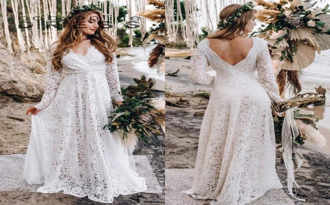 Modern Full Lace Wedding Dresses Sexy Backless A Line V Neck Long Sleeve See Through Summer Bohemian Bridal Wedding Gowns BC112262372211